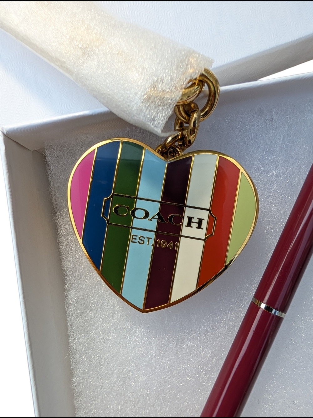 Coach Legacy Stripe Heart Bag Charm Keychain NWT